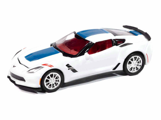 2018 Chevrolet Corvette Grand Sport Arctic White with Blue Stripe and Red Interior "Sports Cars" Series 1/64 Diecast Model Car by Auto World