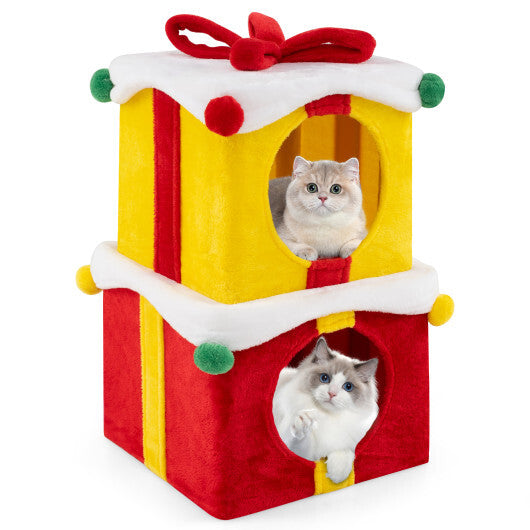 2 Gift Box Shaped Cute Christmas Cat House with Bow-Multicolor